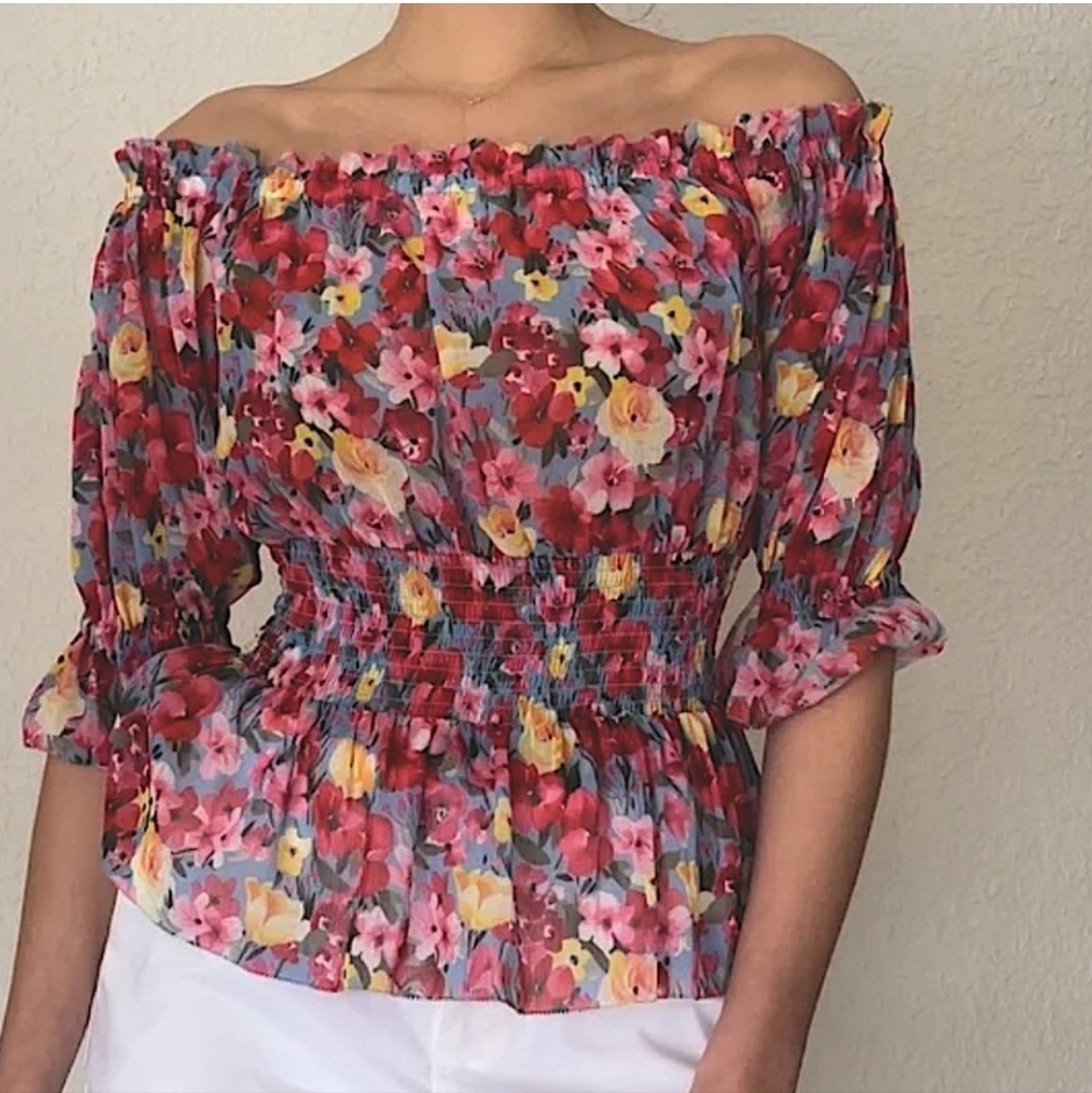 L'Agence Aubriella Floral Smocked Off The Shoulder Blouse, M Women's (new)